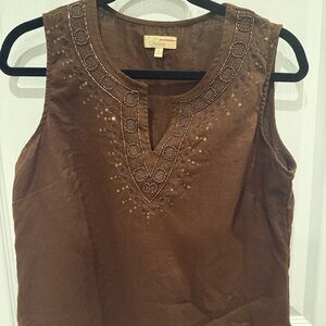 Choices Brown Linen Embellished Sleeveless Top